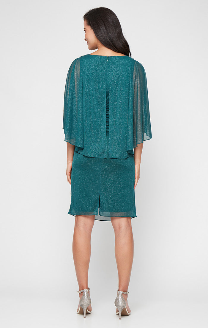 Short Glitter Mesh Sheath Dress with Overlay Bodice and Embellishment Detail at Shoulders