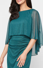 Plus Short Glitter Mesh Sheath Dress with Overlay Bodice and Embellishment Detail at Shoulders