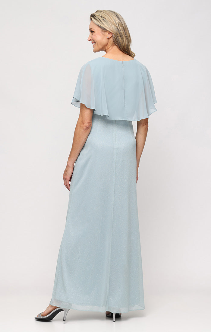 glitter chiffon dress Glitter Mesh Dress with Chiffon Overlay Bodice and Embellished Detail at Waist