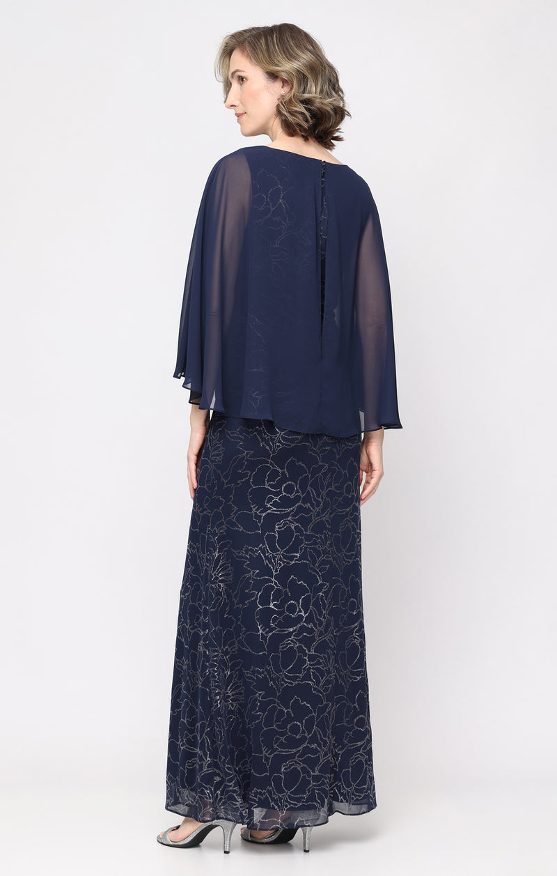 Petite Long Glitter Mesh Dress with Gathered Detail and Chiffon Overlay Bodice