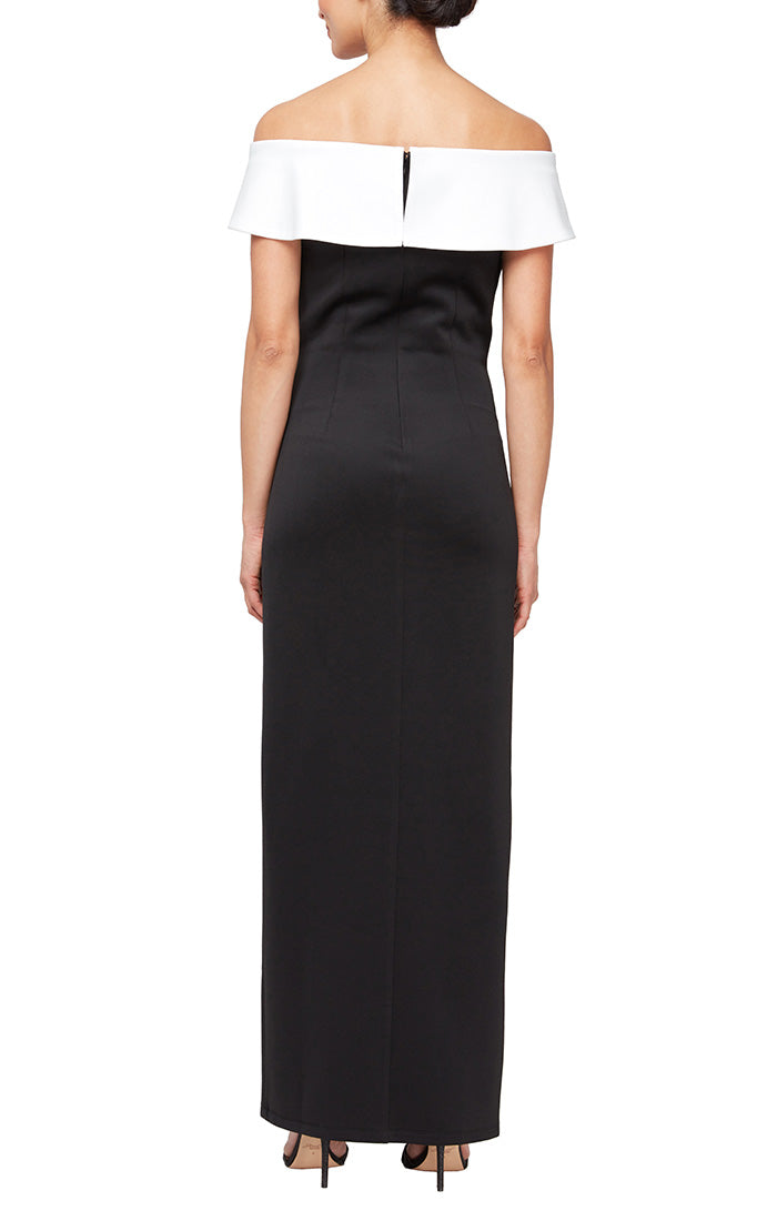 Regular - Long Off the Shoulder Column Dress with Front Slit and Embellishment Detail at Neckline