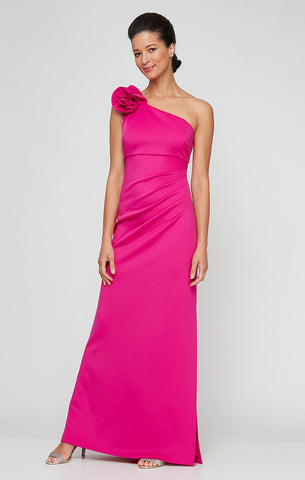 One Shoulder Compression Dress with 3D Floral Shoulder Detail