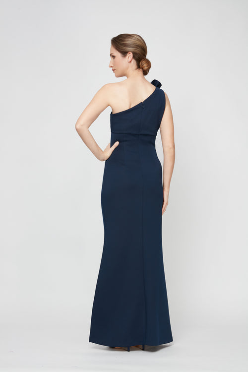 One Shoulder Compression Dress with 3D Floral Shoulder Detail