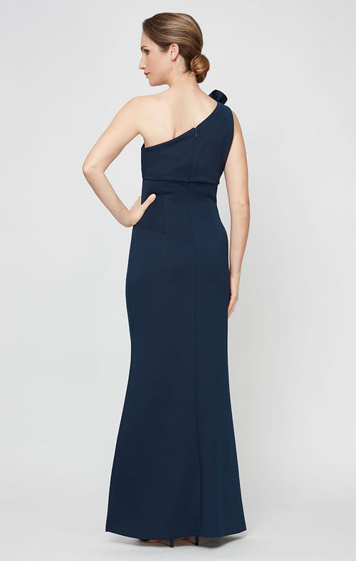 Petite One Shoulder Compression Dress with 3D Floral Shoulder Detail