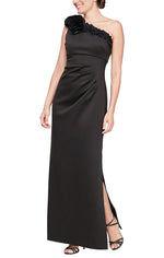 Petite Long Stretch Jersey One Shoulder Dress with Flower Neckline Detail