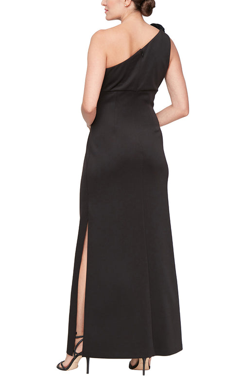 Long Stretch Jersey One Shoulder Dress with Flower Neckline Detail