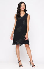 Short Sleeveless Shift Dress with V-Neckline and Fringe Hem Detail