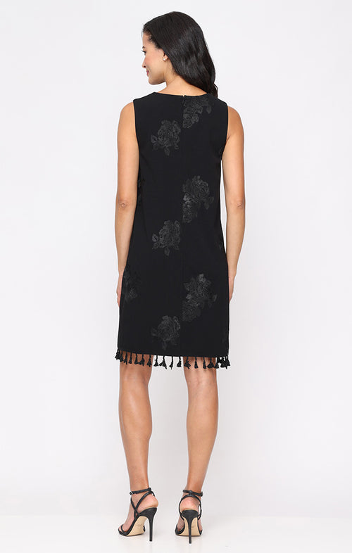 Short Sleeveless Shift Dress with V-Neckline and Fringe Hem Detail
