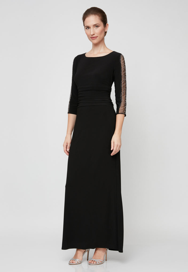 Petite Ruched Waist Long Dress with Embellished Sleeve Detail