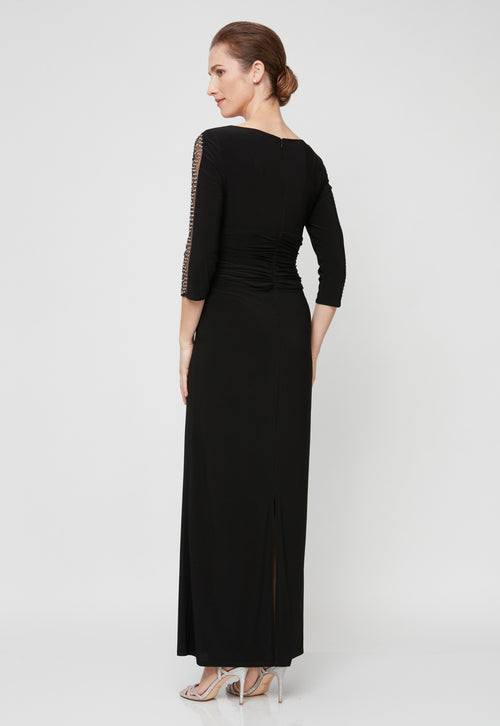 Petite Ruched Waist Long Dress with Embellished Sleeve Detail