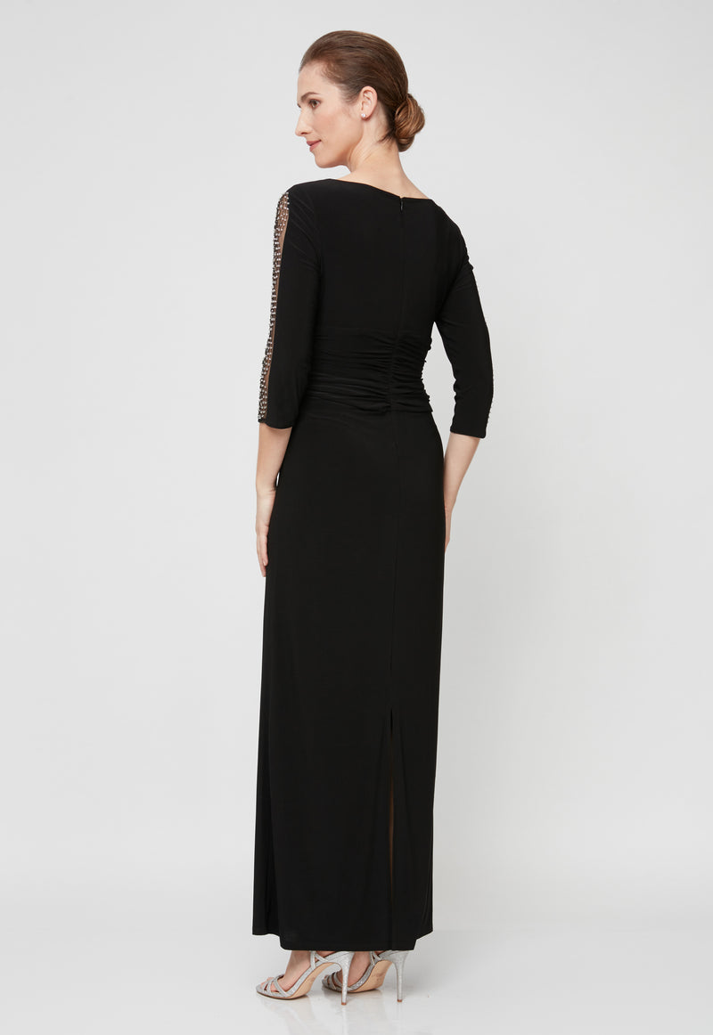 Petite Ruched Waist Long Dress with Embellished Sleeve Detail