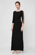 Petite Long Matte Jeresy Dress with Ruched Bodice and Embroidered Illusion Inset Sleeves
