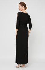 Petite Long Matte Jeresy Dress with Ruched Bodice and Embroidered Illusion Inset Sleeves