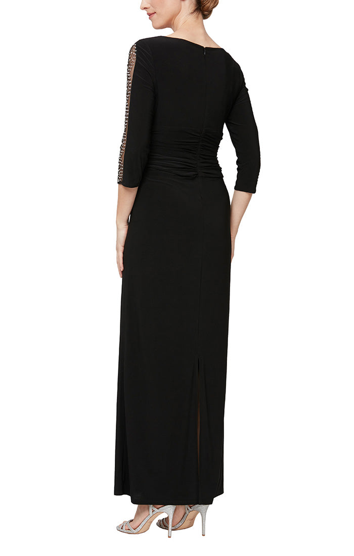 Matte Jersey Long Dress with Embellished 3/4 Sleeve Detail