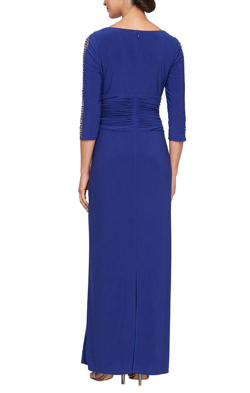 Petite Matte Jersey Long Dress with Embellished 3/4 Sleeve Detail