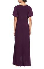 Long Empire Waist Surplice Neckline Dress with Flutter Sleeves, Beaded Detail at Hip and High/Low Hem