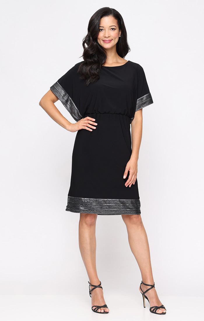 Short Blouson Dress with Foil Sleeve and Hem Detail