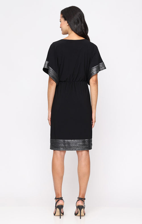 Short Blouson Dress with Foil Sleeve and Hem Detail