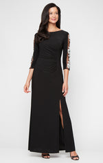 Long Matte Jersey Dress with Ruched Bodice and Embroidered Illusion Inset Sleeves