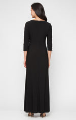 Long Matte Jersey Dress with Ruched Bodice and Embroidered Illusion Inset Sleeves