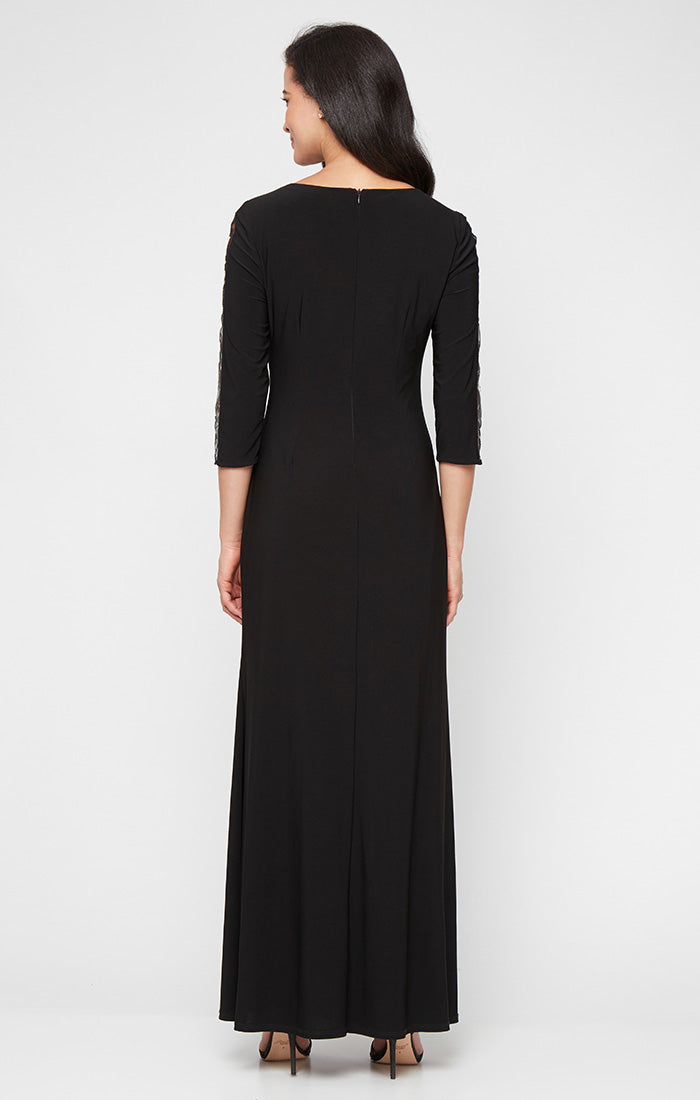 Long Matte Jersey Dress with Ruched Bodice and Embroidered Illusion Inset Sleeves