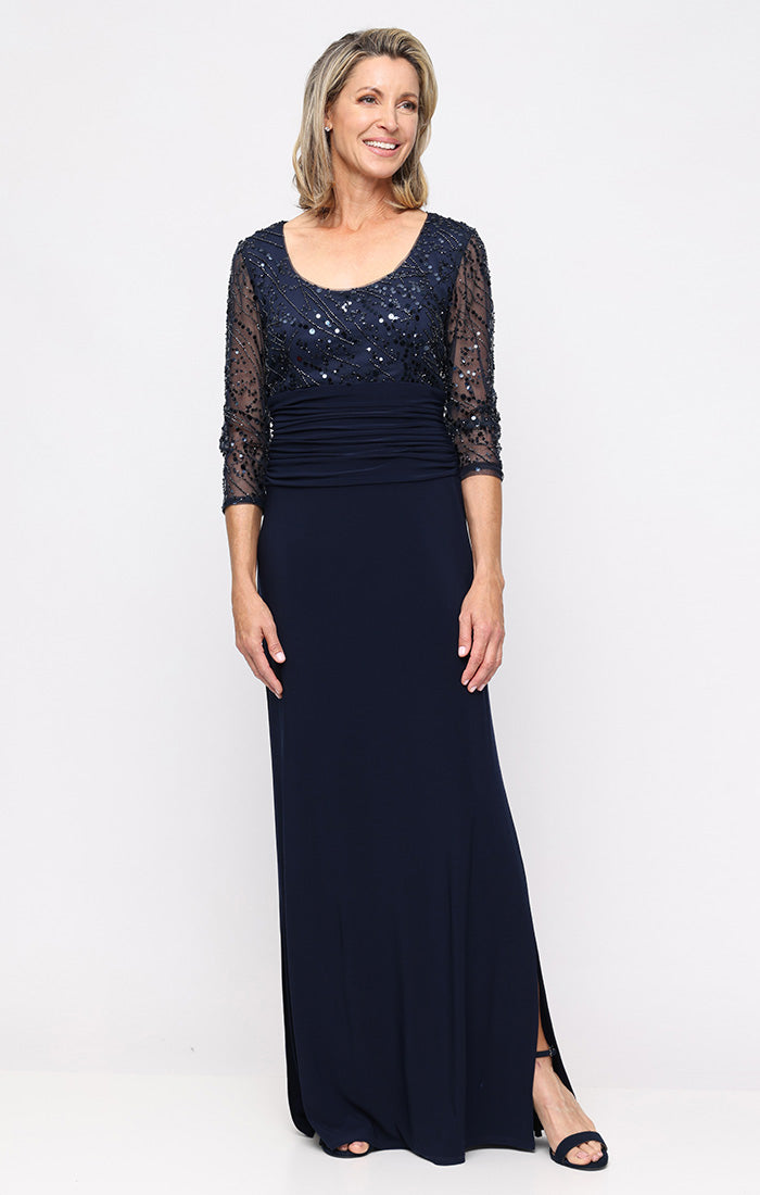 slim fit dress slacks Alayna Navy Long-Sleeve Maxi Dress With Ruffled Split  Club L London