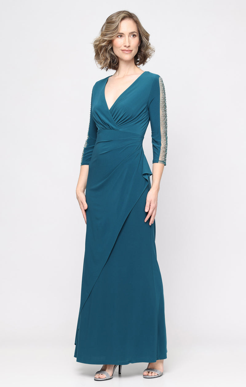 Petite Long Matte Jersey Empire Waist Dress with Surplice Neckline Beaded Illusion Detail Sleeves