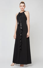 Halter Neckline Crepe Gown with Sequin Cascade Ruffle Detail
