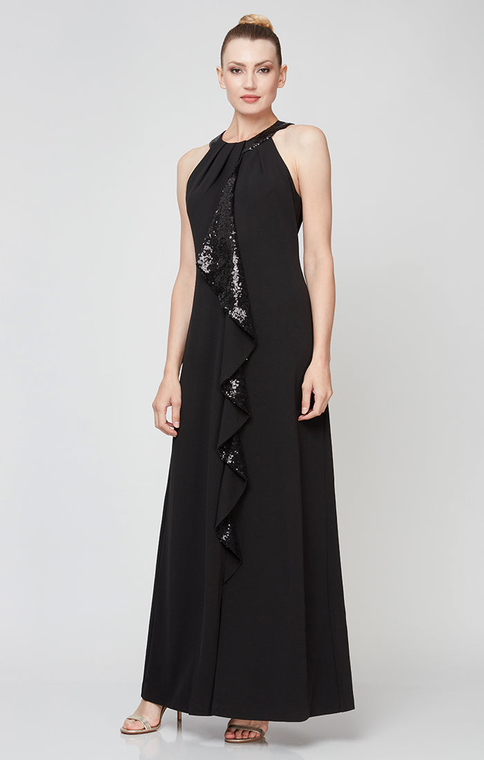Halter Neckline Crepe Gown with Sequin Cascade Ruffle Detail