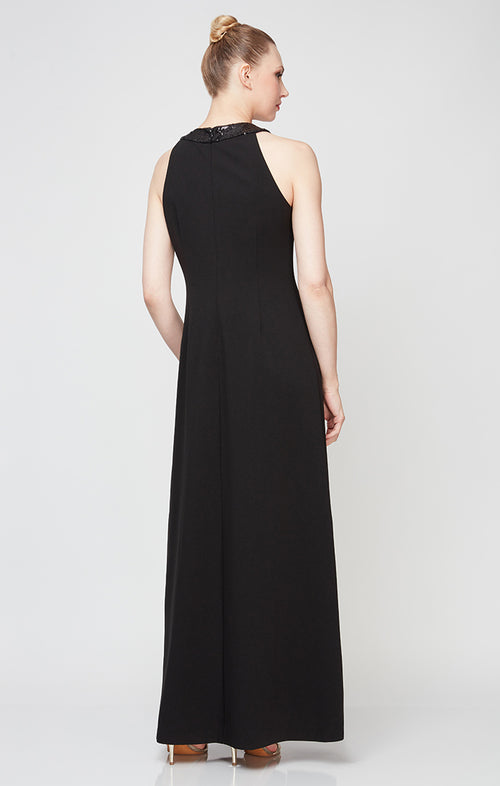 Halter Neckline Crepe Gown with Sequin Cascade Ruffle Detail