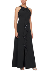 Petite Halter Neckline Crepe Gown with Sequin Cascade Ruffle Detail