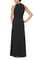 Halter Neckline Crepe Gown with Sequin Cascade Ruffle Detail