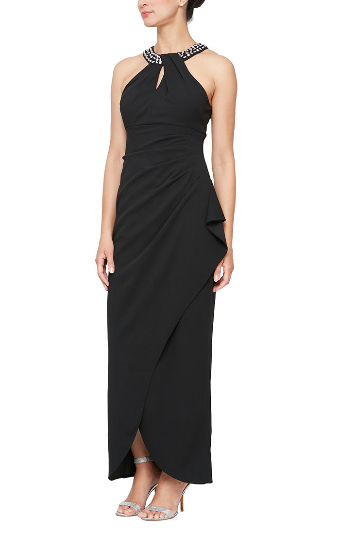 Petite - Beaded Halter Neck Matte Jersey Dress with Side Ruching at the Waist