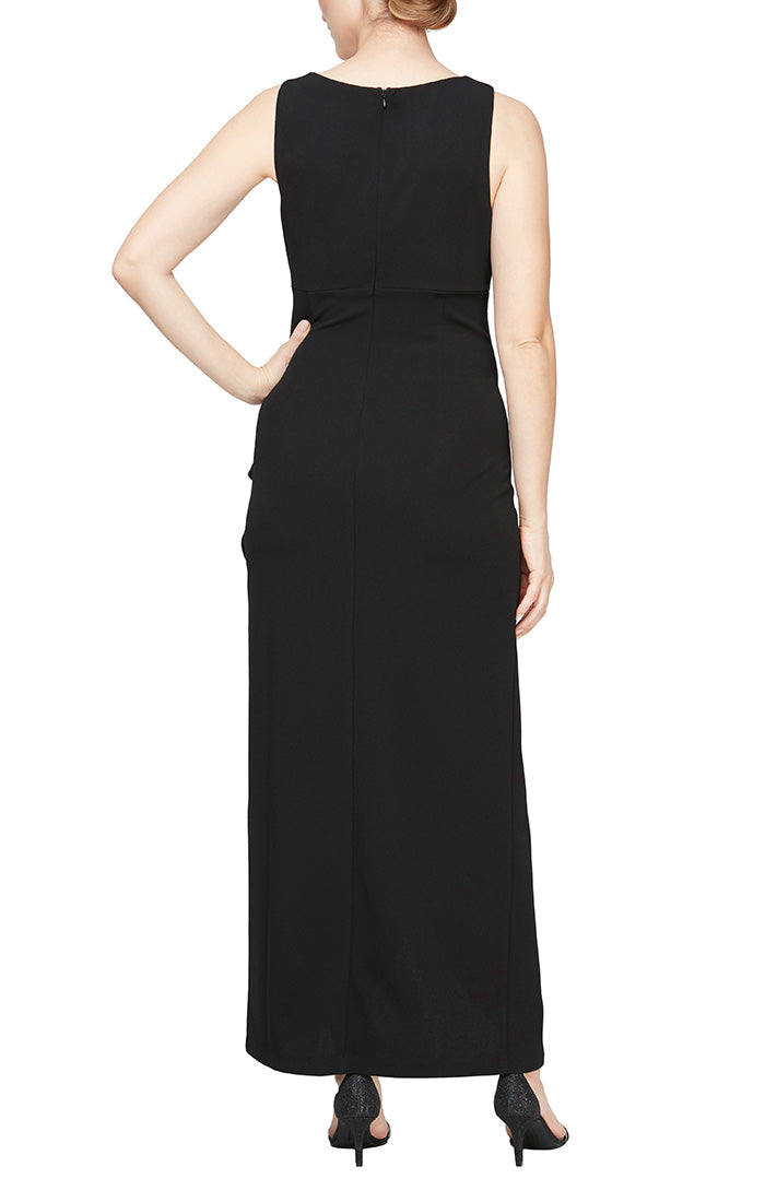 Long Sleeveless Stretch Crepe Dress with Embellished Strap Detail & Tulip Overlay Skirt