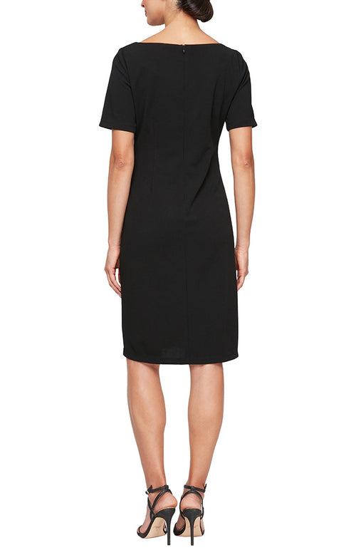 Short Stretch Crepe Sheath Dress with Ruched Cutout Neckline Detail