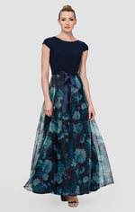 Gown with Floral Printed Organza Skirt & Jersey Bodice