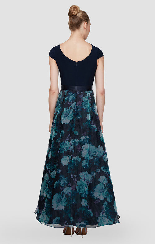 Gown with Floral Printed Organza Skirt & Jersey Bodice