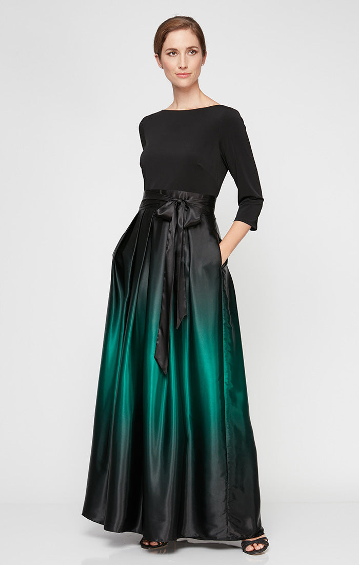 Petite 3/4 Sleeve Matte Jersey & Ombre Satin Ballgown