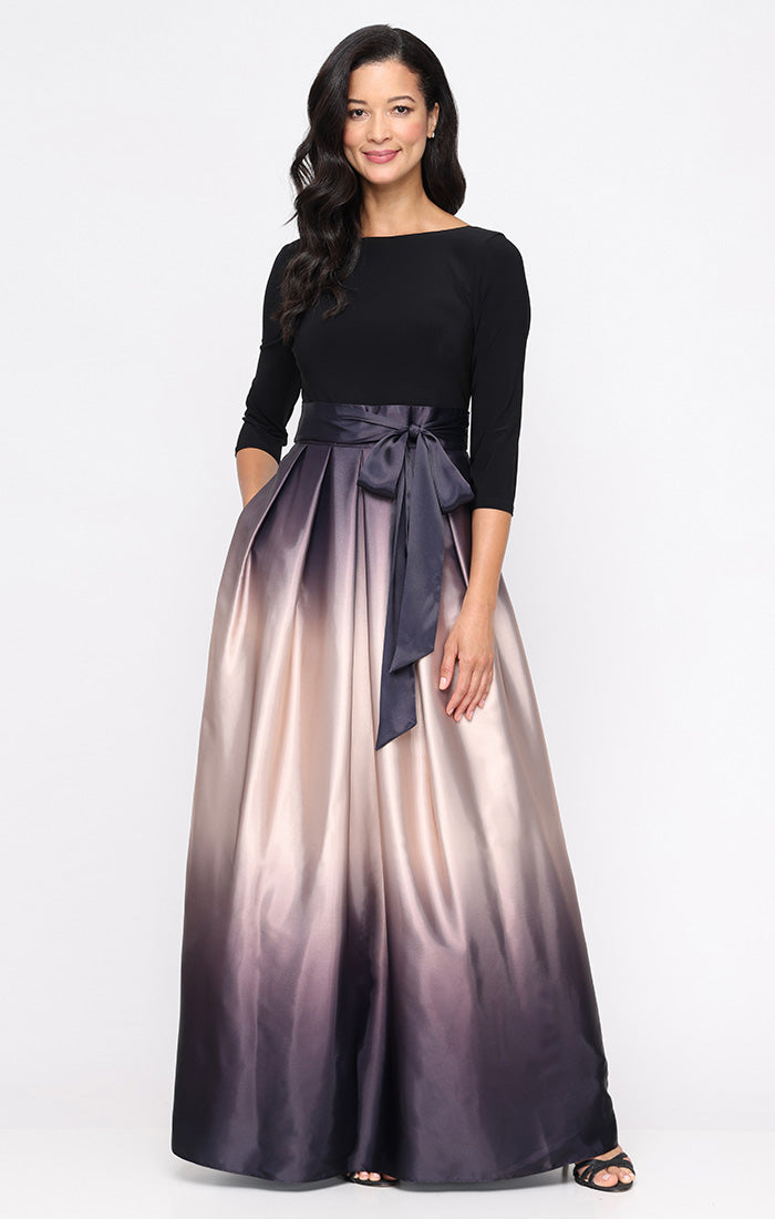 Plus 3/4 Sleeve Matte Jersey & Ombre Satin Ballgown