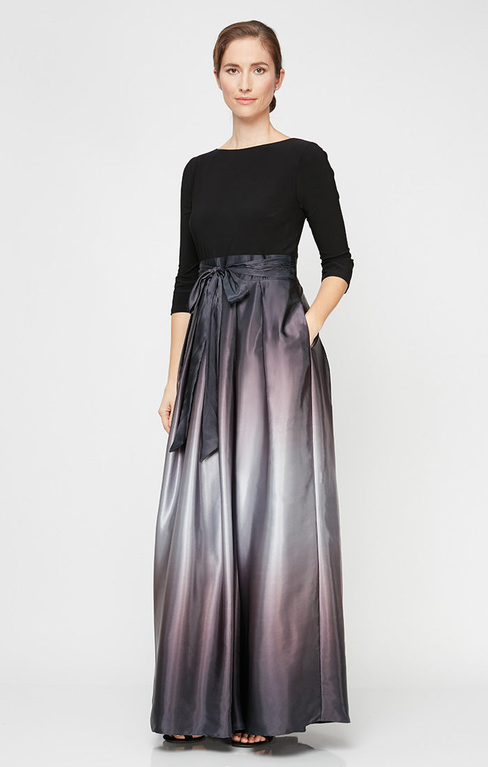 Petite 3/4 Sleeve Matte Jersey & Ombre Satin Ballgown