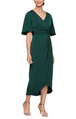 Midi Satin Charmeuse Surplice Neckline Dress with Ruched Waist, Flutter Sleeves & Overlay Skirt