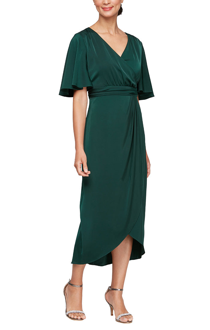 Plus Midi Satin Charmeuse Surplice Neckline Dress with Ruched Waist, Flutter Sleeves & Overlay Skirt