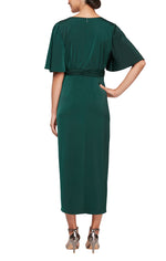 Plus Midi Satin Charmeuse Surplice Neckline Dress with Ruched Waist, Flutter Sleeves & Overlay Skirt