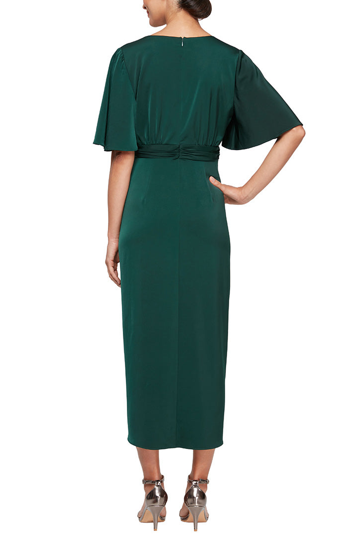 Midi Satin Charmeuse Surplice Neckline Dress with Ruched Waist, Flutter Sleeves & Overlay Skirt