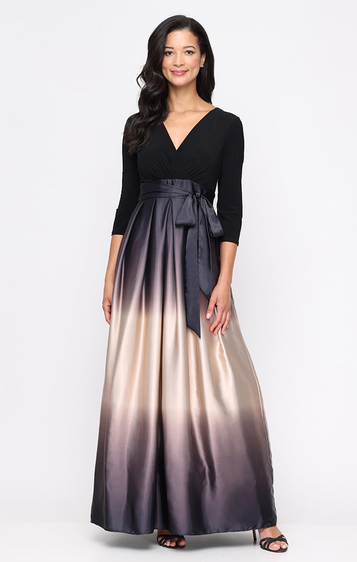 Long Satin Charmeuse Ombre Ballgown with Surplice Neckline Bodice