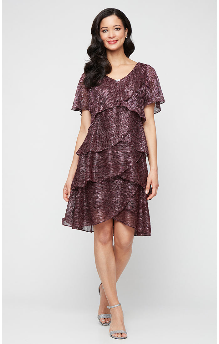 Petite Shimmer Bodre Chiffon Tiered Cocktail Dress