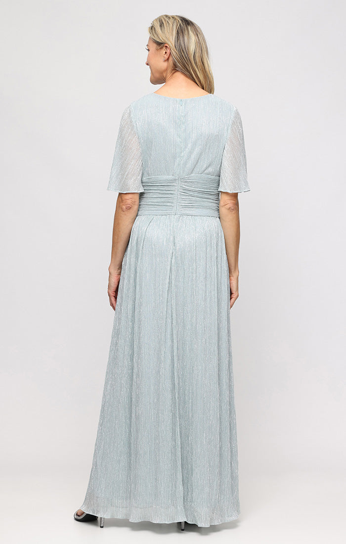 Plus Long A-Line Dress with Surplice Neckline, Flutter Sleeves and Ruched  Waist Detail