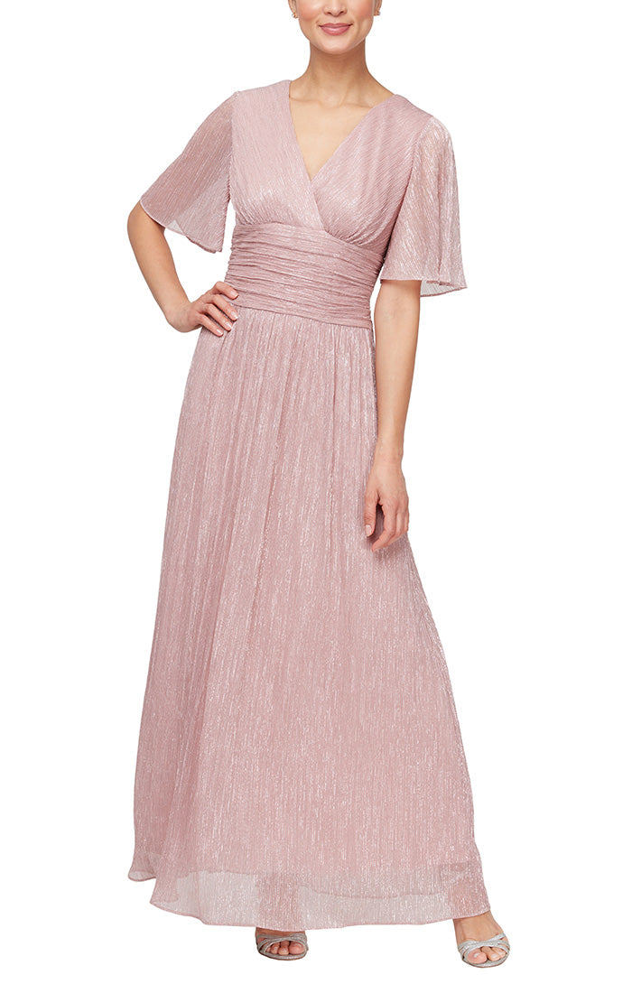 Petite A-Line Dress With Surplice Neckline, Flutter Sleeves and Ruched Waist Detail
