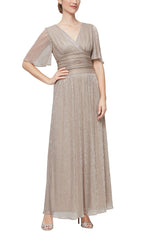 Long Metallic Knit Dress with Surplice Neckline, Flutter Sleeves and Ruched Waist Detail