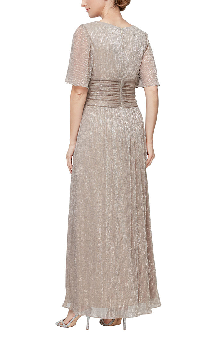 Long Metallic Knit Dress with Surplice Neckline, Flutter Sleeves and Ruched Waist Detail